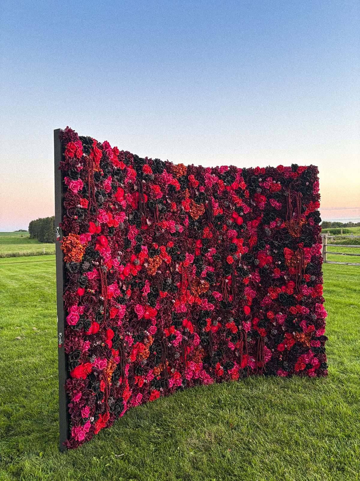 Midnight Bloom flower wall standing alone in a field at dusk — Real Touch backdrop for GTA weddings