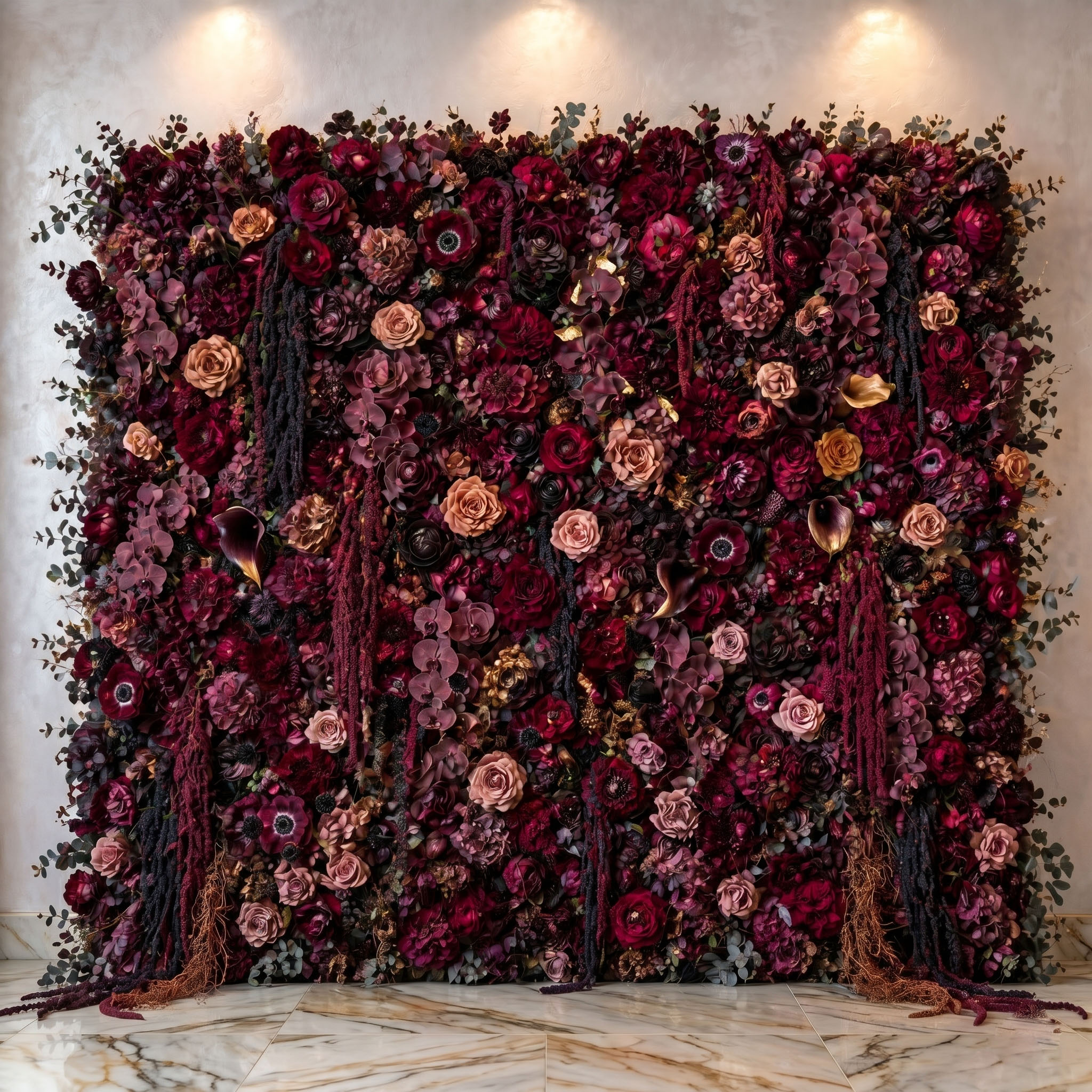 Burgundy flower wall with gold accents — dark moody Real Touch backdrop for weddings in Toronto & the GTA