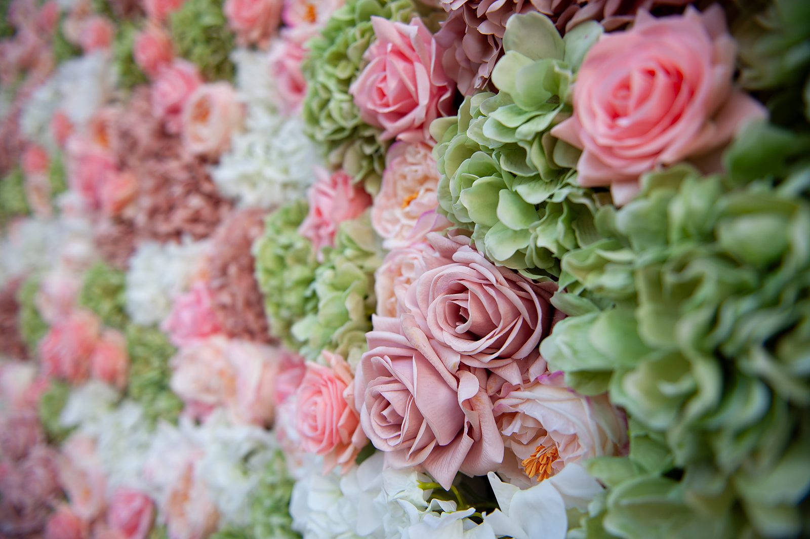 Close-up of the English Garden green and blush flower wall texture