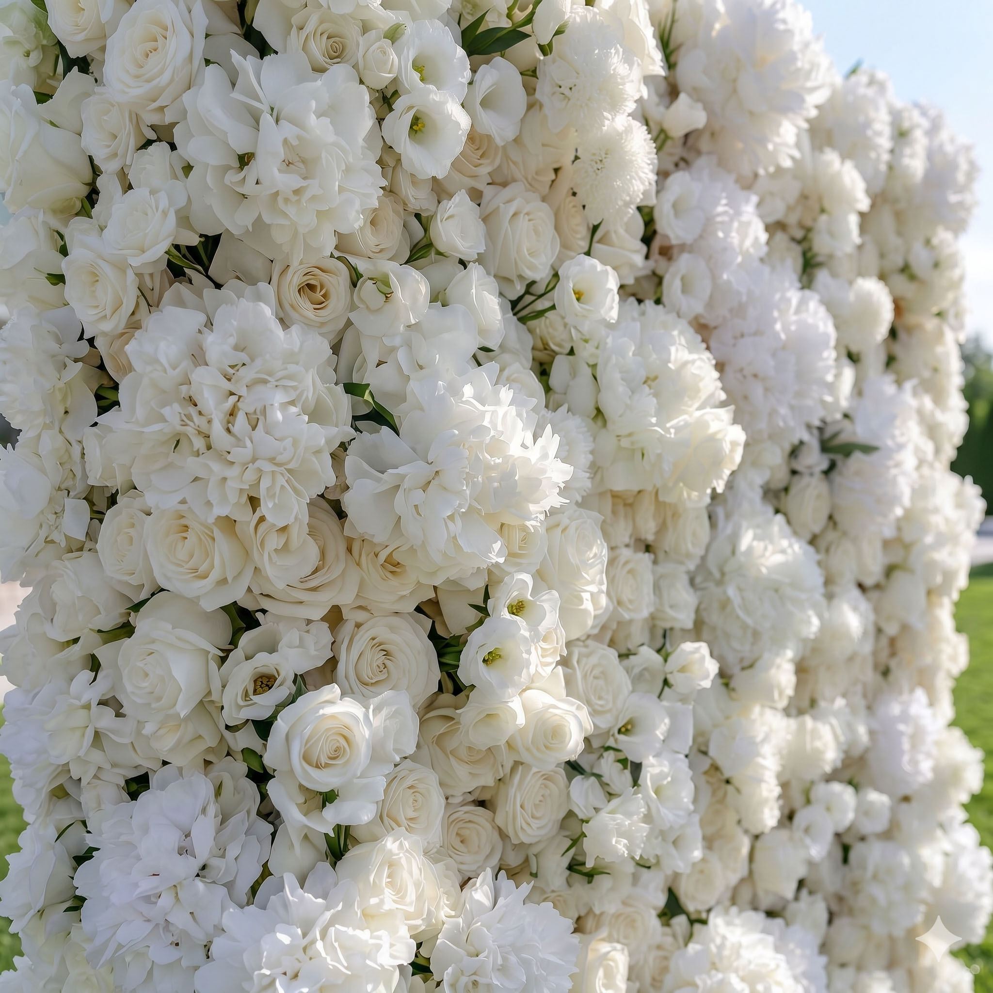 White and ivory Real Touch flower wall with peonies and hydrangea — FLORINSKY Flower Walls Toronto